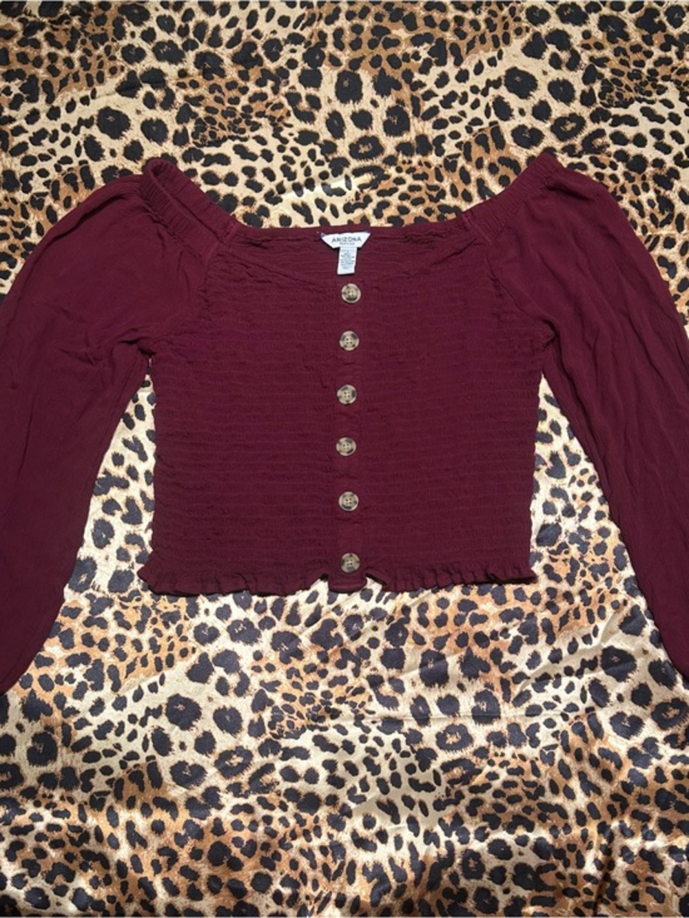 Arizona Jean Co Burgundy Smocked Long Sleeve Off the Shoulder Top